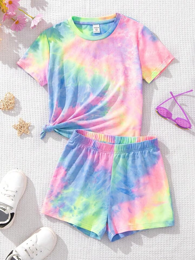 Tween Girl's Casual Tie-Dye Pattern Short Sleeve T-Shirt And Shorts Set For Summer