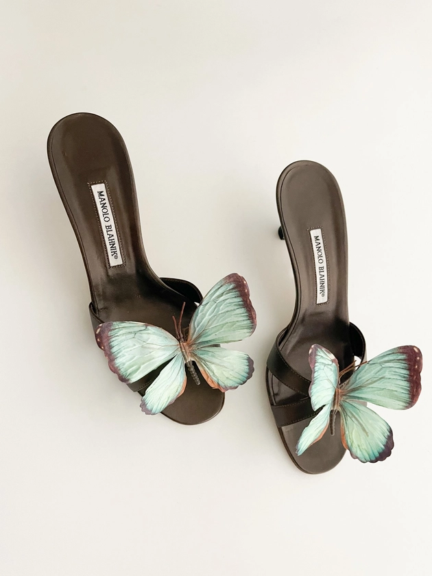 The Sororité Collection: Manolo Blahnik Green Butterfly Brown Sandal Heels (US 10 / IT 40.5) — sororité.