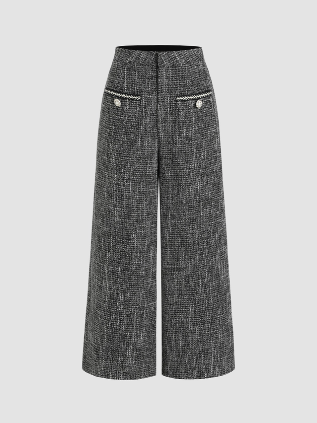 Pantalon large en tweed à taille moyenne et bouton uni