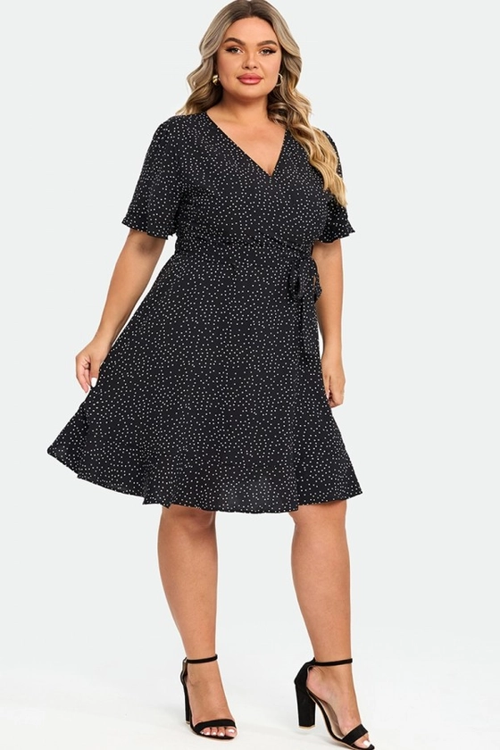 White Polka Dots Print Short Sleeve Wrap Midi Dress