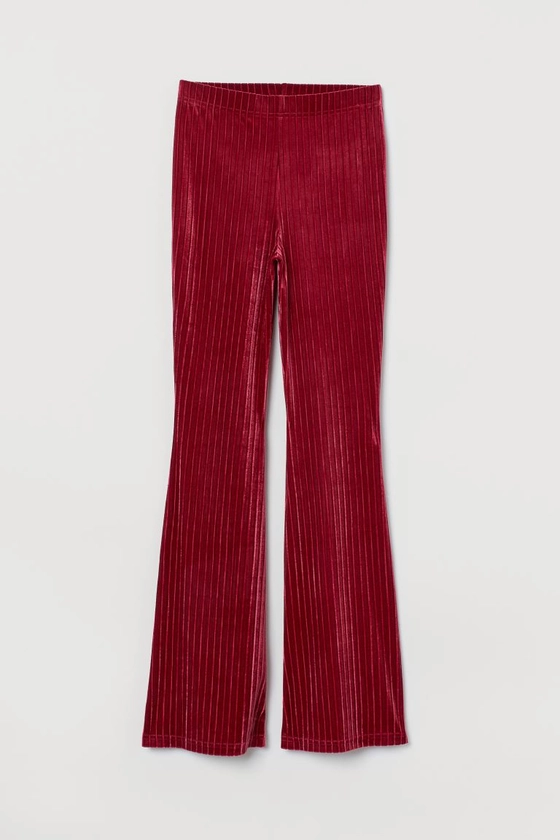 Ribbed velour trousers - High waist - Long - Dark red - Ladies | H&M GB