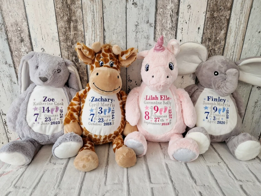 Large Personalised Embroidered Soft Toy, Birth Stats, New Baby Gift, Announcement, Baby Shower, Welcome to the World, Plush Teddy
