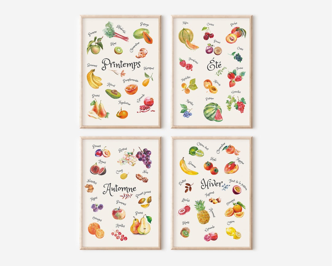 Set de 4 affiches fruits de saison, illustration fruits aquarelle, affiche cuisine, cadeau de noël pour la cuisine