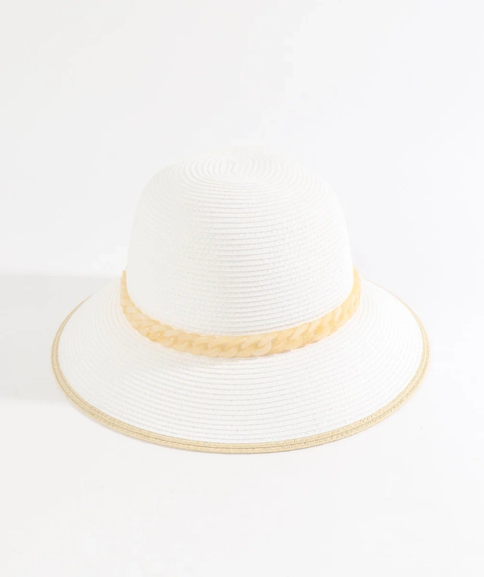 White/Natural Paper Straw Bucket Hat with Chain Belt Embellishment