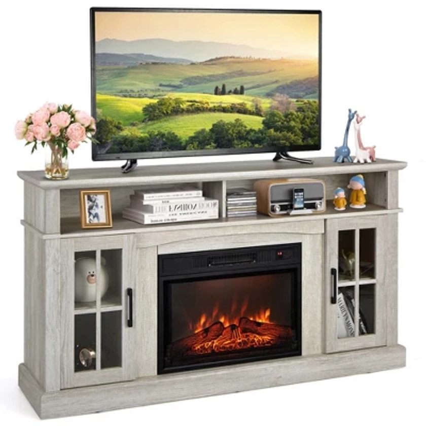 Costway 58" Fireplace TV Stand W/ 1400W Electric Fireplace for TVs up to 65 Inches Grey