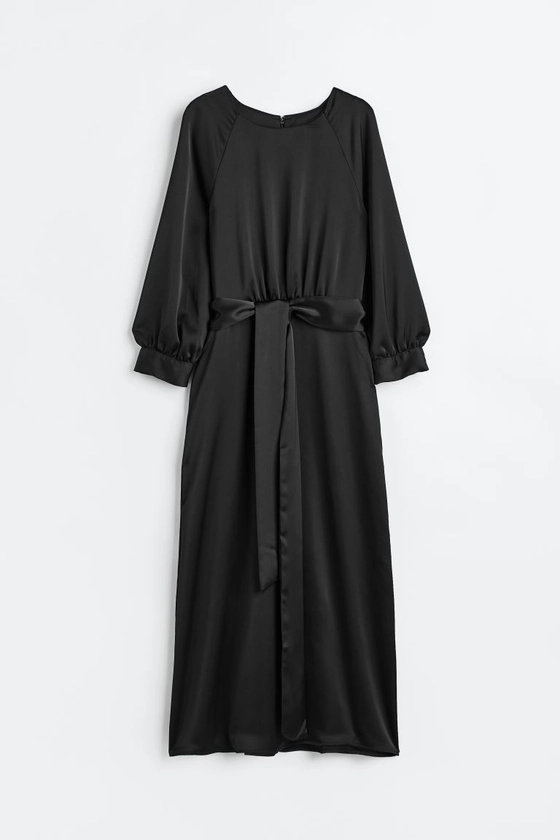 Robe en satin avec ceinture - Encolure ronde - Manches 3/4 - Noir - FEMME | H&M BE