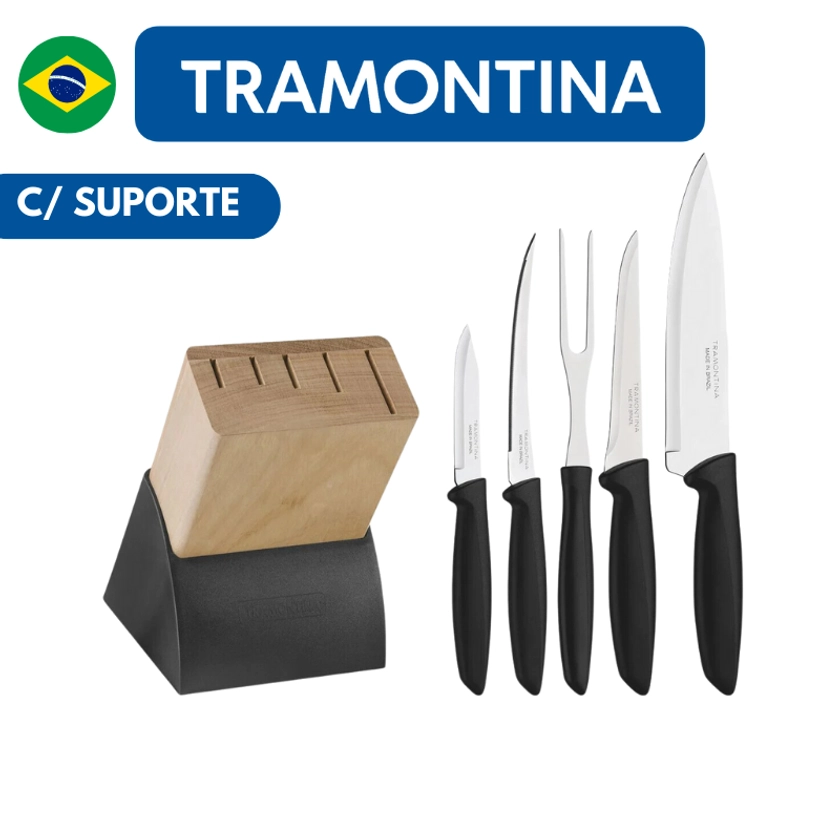 Jogo De Facas 6 Peças Tramontina Plenus Com Suporte e Cabo Preto | Shopee Brasil