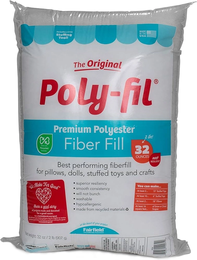 Fairfield The Original Poly-Fil, Premium Polyester Fiber Fill, Soft Pillow Stuffing, Stuffing for Stuffed Animals, Toys, Cloud Decorations, and More, Machine-Washable Poly-Fil Fiber Fill, 32-ounce Bag