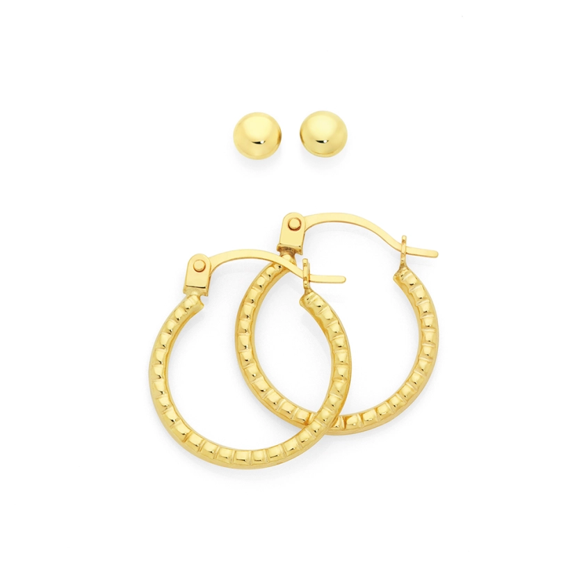 9ct Gold Ball Stud & Hoop Earrings Set