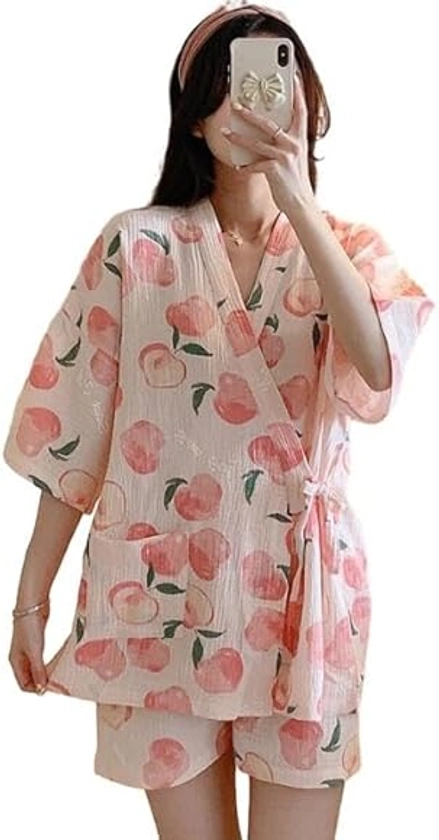 ANOSO Women's Jinbei Jinbei Cute Pajamas, Loungewear, Women's, Refreshing, Short Sleeve, Large Flowers, Top and Bottom 2-piece Set, Floral Pattern, Room Wear, Front Opening, V-Neck Homewear