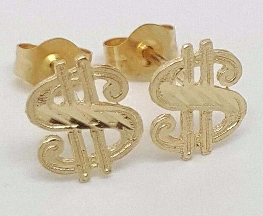 14k Solid Yellow Gold Dollar Sign $ Stud Earrings Push Back 8MM