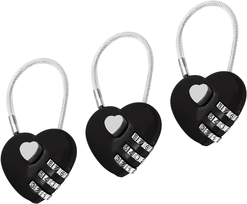 3 Pack Mini Padlock Heart Code Lock 3-Digit Combination Locker for Boxes/Suitcase/Travel Bags(Black)