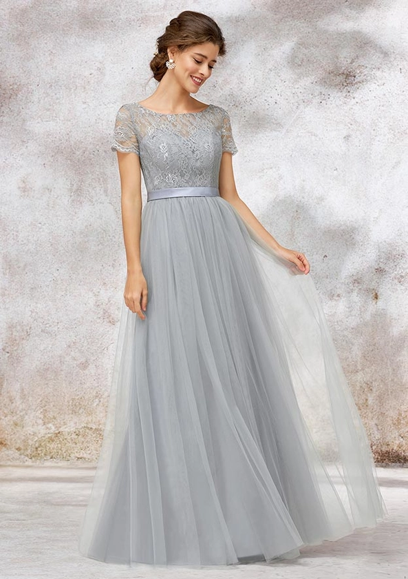 Bateau Short Sleeve A-line/Princess Tulle Long/Floor-Length Bridesmaid Dress With Lace - Bridesmaid Dresses - Stacees