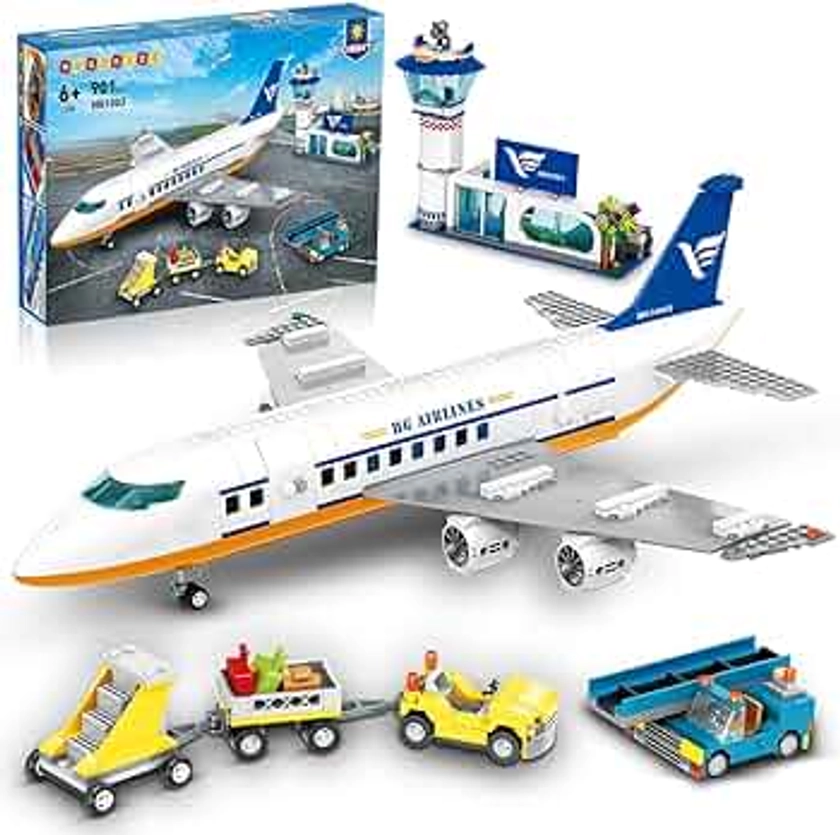 HOGOKIDS City Passenger Airplane Building Set with LED Light, 901 PCS Plane Building Blocks with Airport Terminal, Radar Tower, Luggage Trailer, Planes Model Toys Gifts for Adults Boys Girls Age 6-12+