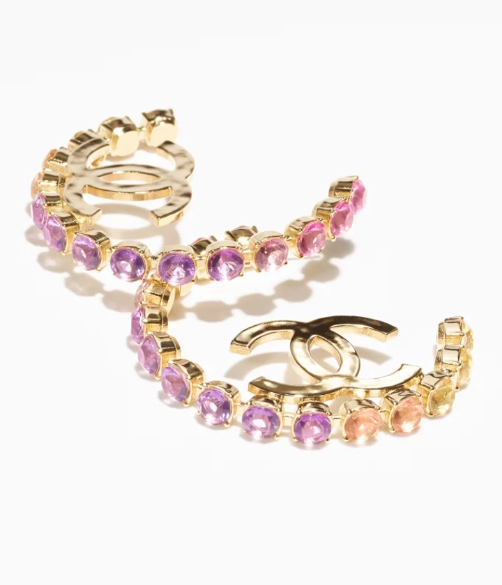 Hoop-øreringe - Metal & rhinsten, gold, pink, orange, purple & yellow — Mode | CHANEL