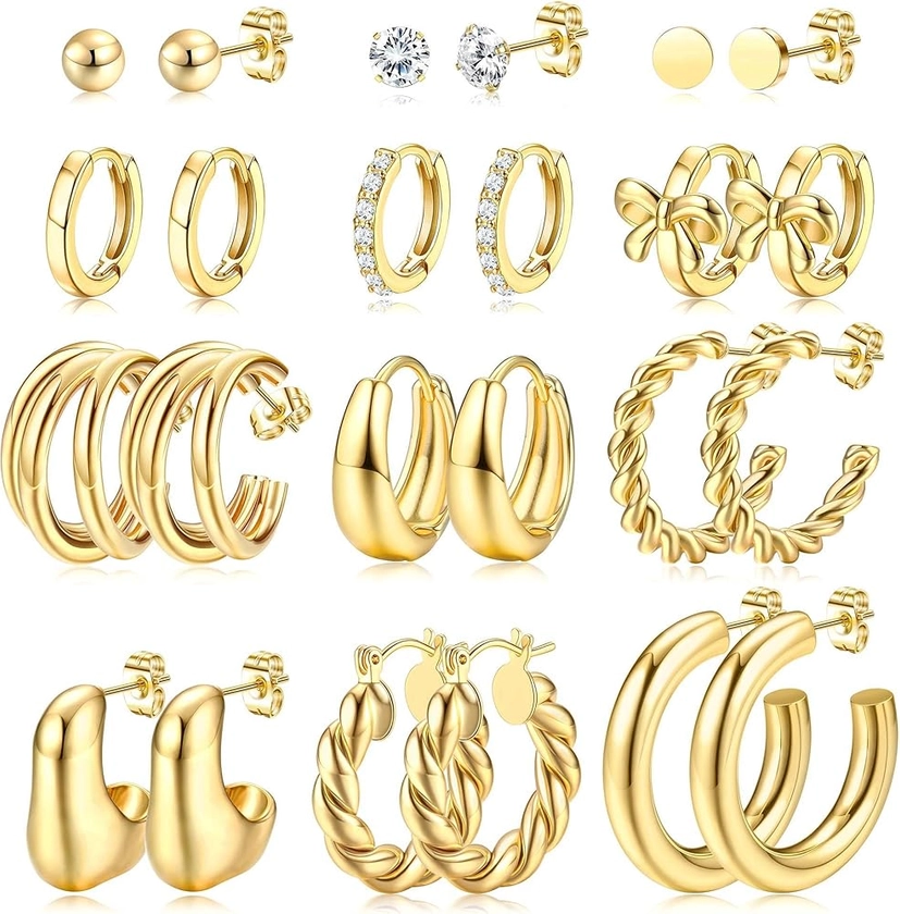 BESTEEL 12 Pairs Gold Hoop Earrings for Women Trendy, 14K Gold Plated Thick Chunky Earrings Set for Multiple Piercing, Hypoallergenic Small Twisted Huggie Stud Earring Stacks Jewelry Lightweight