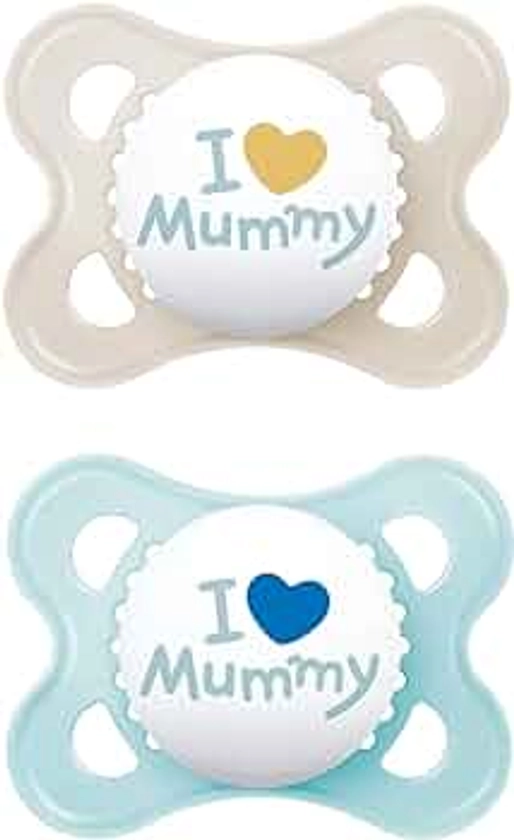 MAM Original 2-6 Months (Pack of 2), Baby Soothers with Self Sterilising Travel Case, Newborn Essentials, Blue, I Love Mummy (Designs May Vary)
