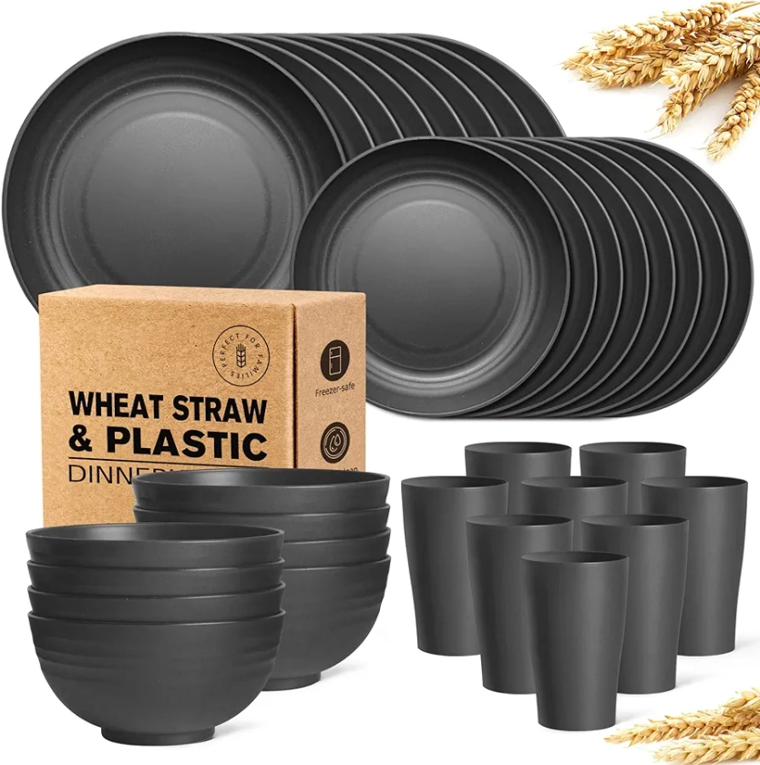 Teivio 32-Piece Kitchen Plastic Wheat Straw Dinnerware Set, Service for 8, Unbreakable Modern Dish Set - Dinner Plate/Dessert Plate/Cereal Bowl/Cup, for Apartment Essentials, Outdoor Camping,Black