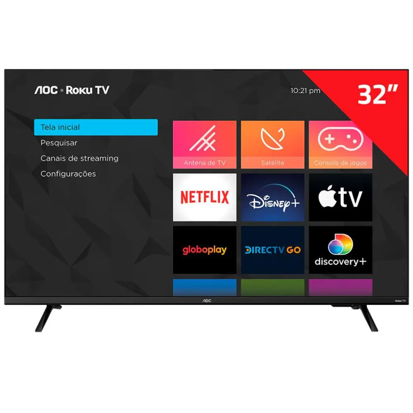 Smart TV 32" AOC HD 32S5135/78G com processador Quad Core, sistema Roku TV, Dolby Digital, Painel de 60 Hz e Comando de Voz