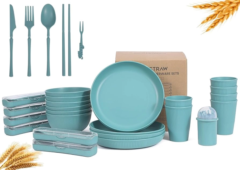 36 Pieces Wheat Straw Dinnerware Sets for 6 - Lightweight & Unbreakable Wheat Straw Plates and Bowls Sets - Microwave & Dishwasher Safe - Perfect for Camping, Picnic, Dorm - Plates, Cups and Bowls Set