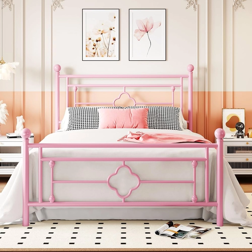 Allewie Queen Size Metal Platform Bed Frame with Victorian Vintage Headboard and Footboard/Mattress Foundation/Under Bed Storage/No Box Spring Needed/Noise-Free/Easy Assembly, Pink