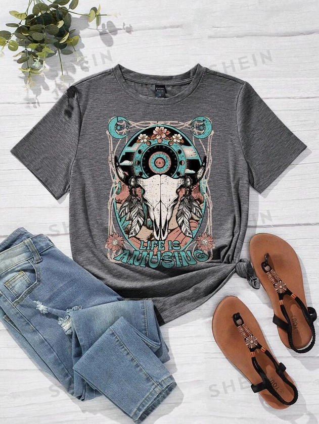 SHEIN LUNE Casual Western Bull Head & Slogan Graphic Round Neck Short Sleeve Women T-Shirt, Suitable For Summer LIFE IS AMUSING