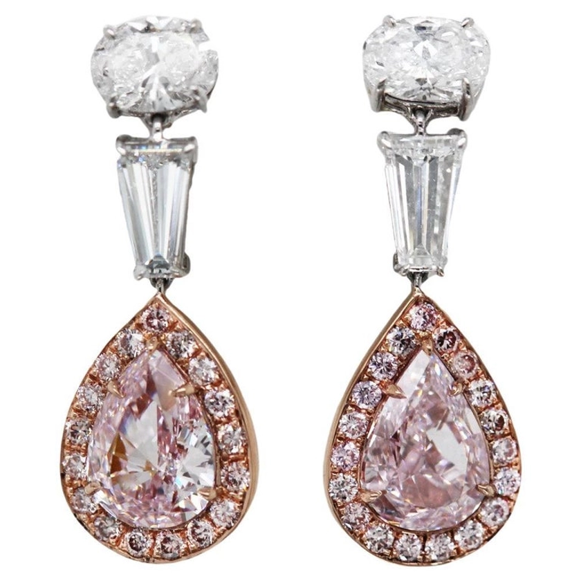 3+ Carat GIA Fancy Pink Pear Cut Diamond Dangle Earrings Scarselli 18k Rose Gold