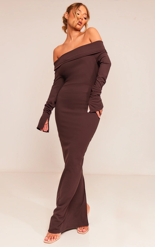 Chocolate Crepe Long Sleeve Bardot Maxi Dress