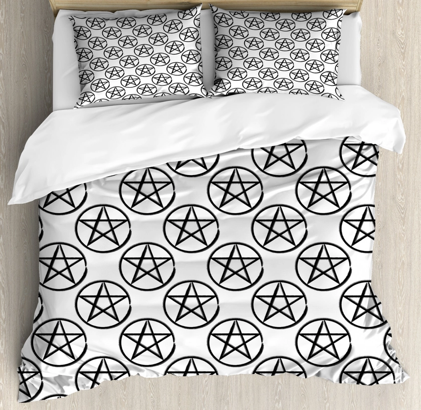 Pentacle Duvet Cover Set Queen Size, Continuous Pattern of Hand Drawn Stylized Pentagram Star in Circle, 3 Piece Bedding Set with 2 Pillow Shams, Charcoal Grey and White, by Ambesonne