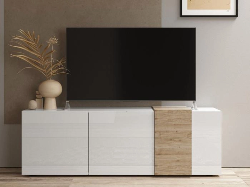 Meuble TV avec 3 portes - Blanc et naturel clair - CAYNO