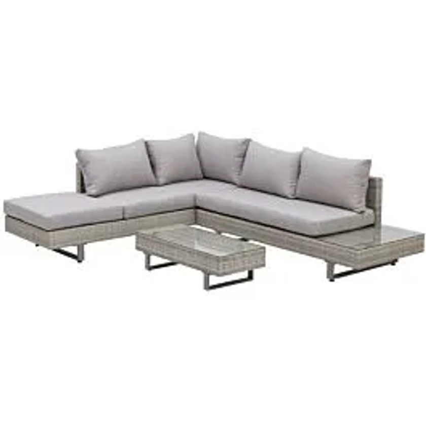 Outsunny 3pc Rattan Garden Corner Chaise Lounge Set w/ Coffee Table, Side Table and Cushions - Grey