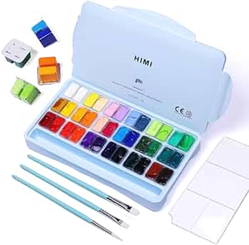 ARTFLY HIMI Set de peinture gouache, 36 couleurs x 12ml double tasse à gelée avec 3 pinceaux, design unique en forme de coupe gélifiée dans un étui portable, peinture à l'aquarelle gouache opaque.