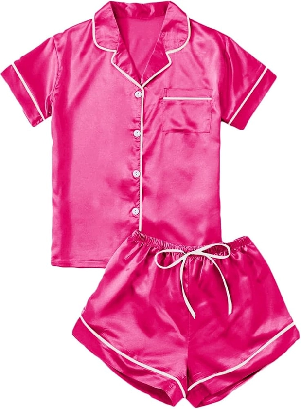 SOLY HUX Women's Short Sleeve Satin Sleepwear Button Down Shirt & Shorts Pajama Set