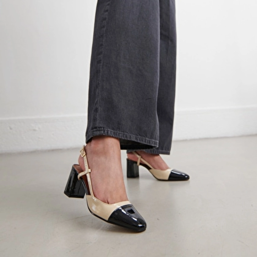 Slingbacks à talons en cuir verni noir et beige pour Unisexe | Jonak