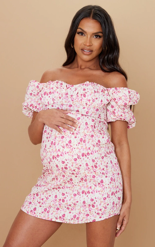 Maternity Pink Floral Puff Sleeve Mini Dress