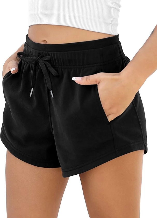 ODODOS Women's Sweat Shorts with Pockets Cotton French Terry Drawstring Summer Workout Casual Lounge Shorts, Black, X-Small at Amazon Women’s Clothing store