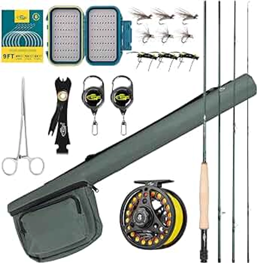 SF Fly Fishing Rod Combo Starter Kit Semi Gloss Green Jade Finish 24T Carbon Fiber Trout Travel Fly Rod with Reel,Fly Rod case,Fly Box, Flies,Tapered Leader,Knot Tying Tools