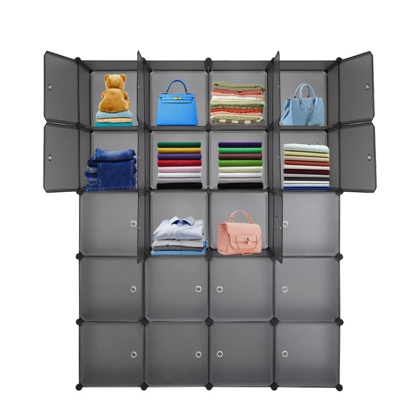 SamyoHome Portable Wardrobe W/Doors 20-Cube DIY Closet Bookcase with Hanging Rod