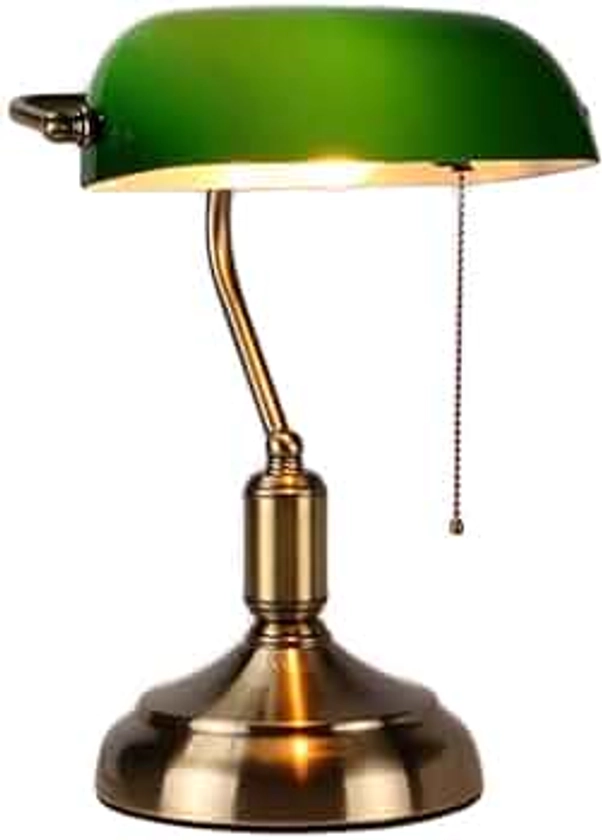MZStech Lampe de bureau/lampe de banquier/lampe de bureau, abat-jour en verre blanc, interrupteur à tirer et ampoule à filament de LED 4w (Vert, base en laiton)