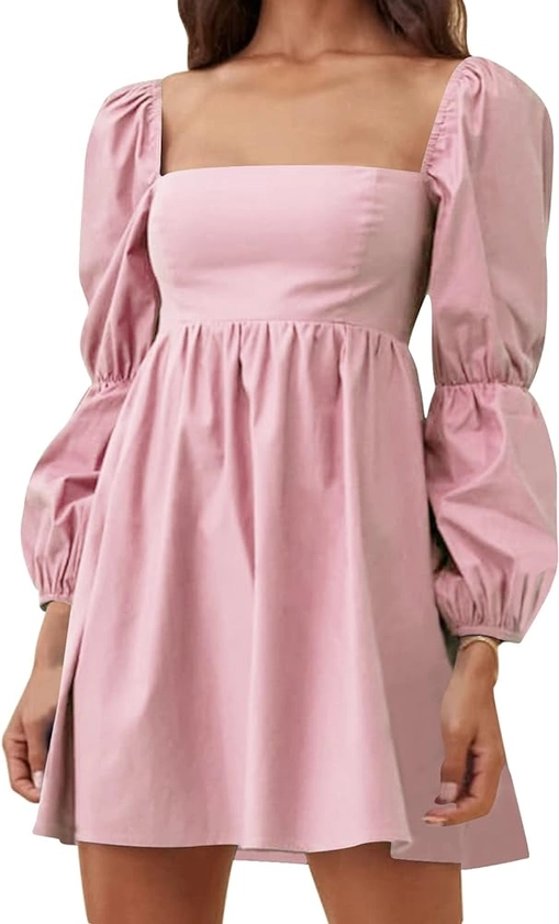 EXLURA Womens Square Neck Dress Long Puff Sleeve A-Line Casual Short Mini Dress
