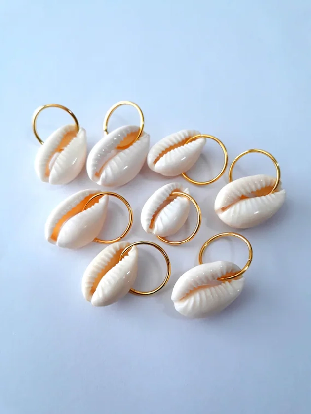 Set of 8 Natural Cowrie Shell Braid Rings, loc rings, brass rings, loc jewelry, hair accessories, hair rings, braid jewelry, dreadlock rings