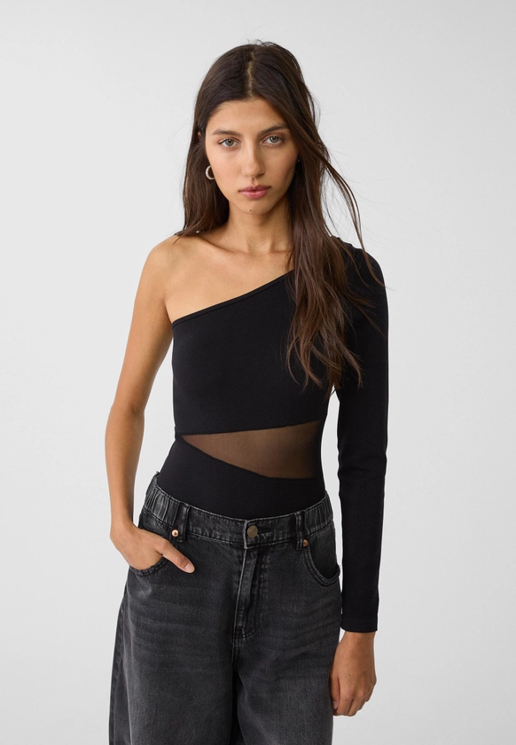 Asymmetric bodysuit with sheer details - Women's T-shirts | Stradivarius Italy