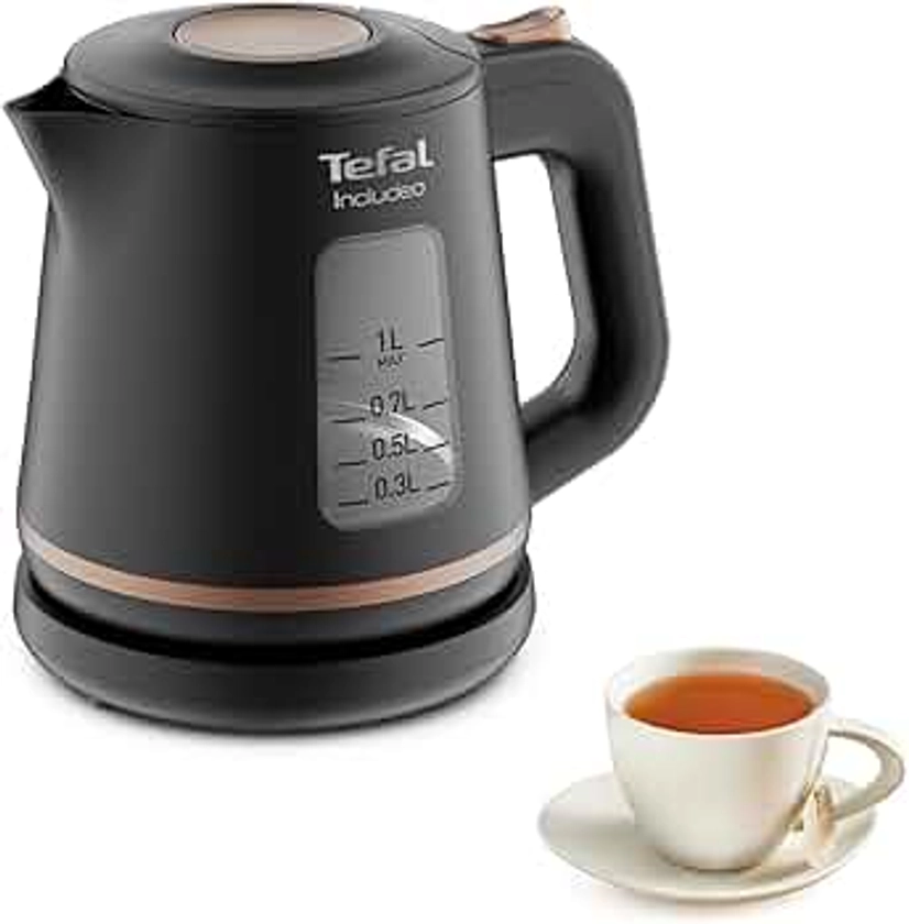 Tefal Includeo Bouilloire électrique 1 L, Poignée ergonomique, 2 fenêtres niveau d’eau, Graduations visibles, Base à 360°, Filtre anticalcaire amovible KI533811, Noir