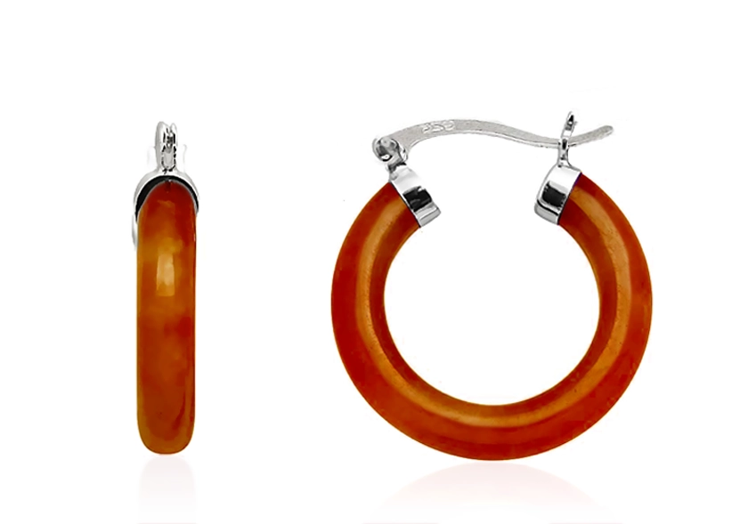 Orange Red Jade Hoop Earrings .925 Sterling Silver 4.3mm Wide 1 inch Round