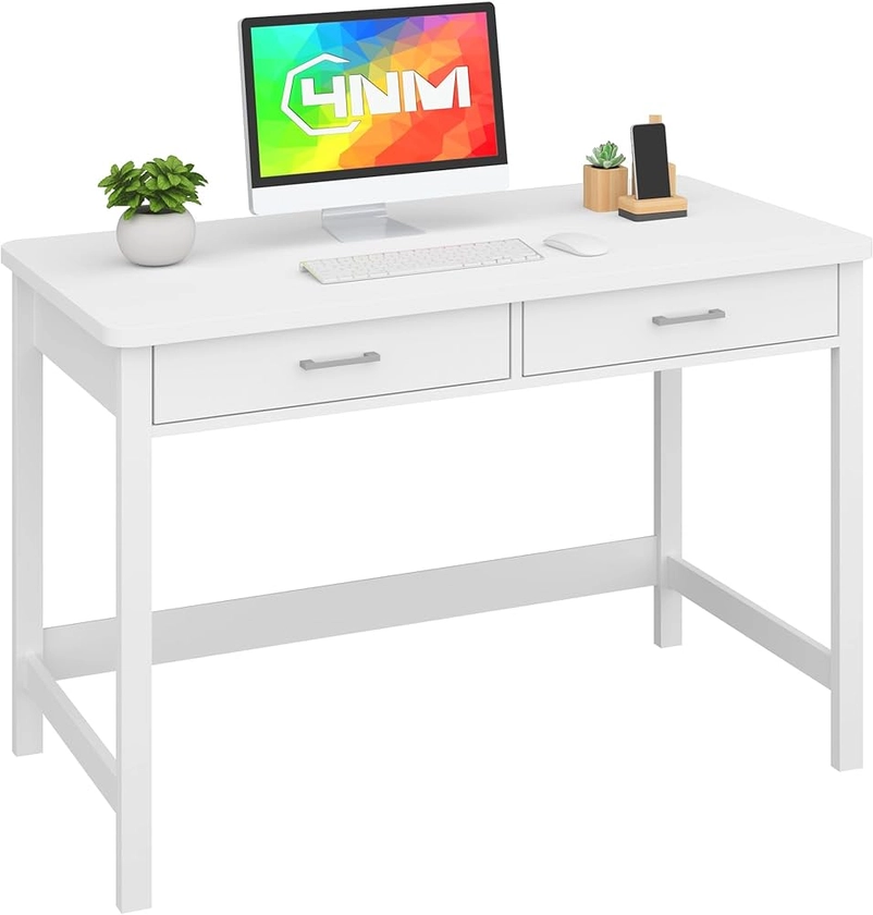 4NM 39.4" Small Desk with Wood Drawers, Home Office Computer Desk with Wooden Legs, Study Writing Table Vanity Desk for Small Spaces - White