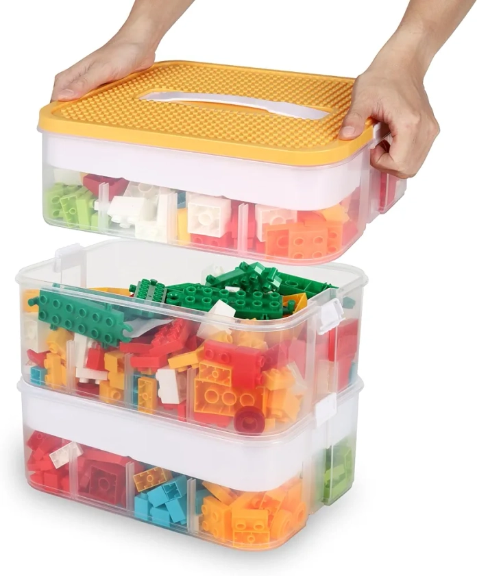 Storage Organiser for Lego 3 Layers Stackable Kids Toy Box With Base Plates Lids Plastic Multi Compartment Building Blocks Craft Sorting Container
