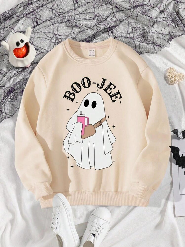 Tween Girl Casual Halloween Elements Cartoon Water Cup Crossbody Bag Cute Ghost Letter Graphic Print Pullover Sweatshirt