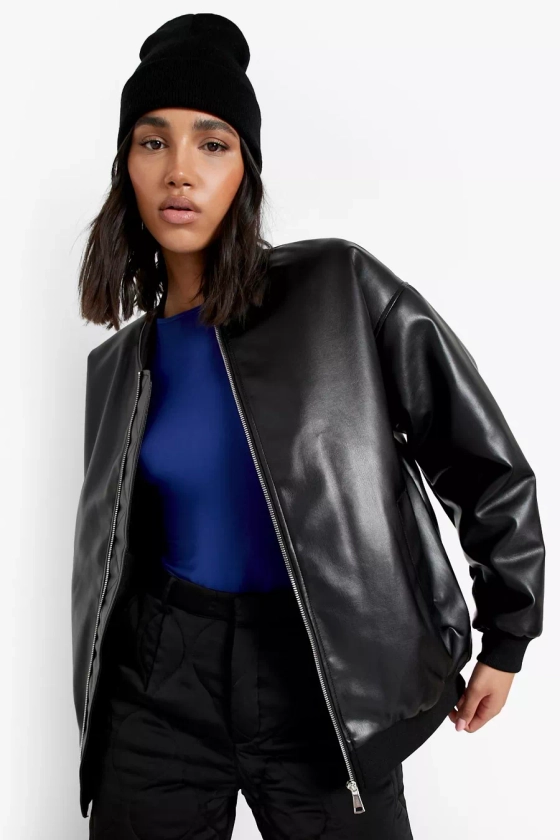 Oversized Faux Leather Bomber Jacket