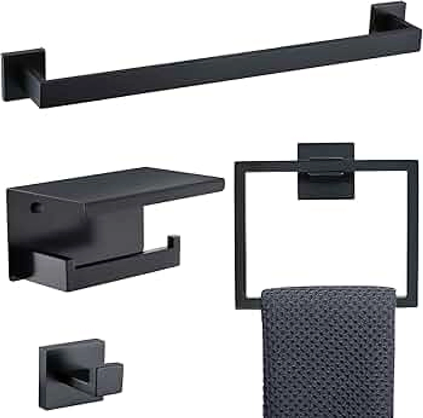 Bathroom Towel Bar Holder Sets Matte Black 4-Piece Bathroom Hardware Set Stainless Steel Bath Accessories Kit. Wall Mounted,23.6 Inch