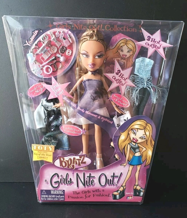 BRATZ Doll Yasmin Girls Night Out 2004 3 Outfits Rooted Eyelashes NIB MINT